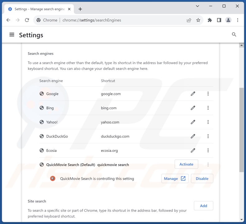 Eliminar search.quickmovietab.com del motor de búsqueda predeterminado de Google Chrome
