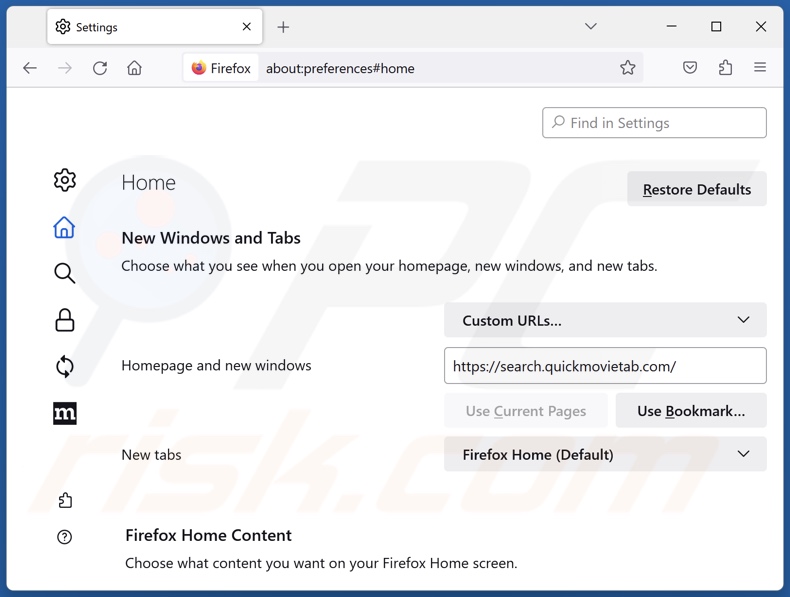 Eliminar search.quickmovietab.com de la página de inicio de Mozilla Firefox