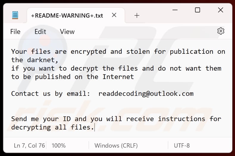 Archivo de texto del ransomware Read (+README-WARNING+.txt)