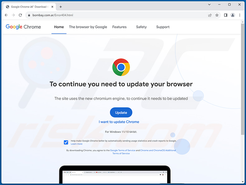 Sitio web de propagación del malware zgRAT que se presenta como actualización de Google Chrome