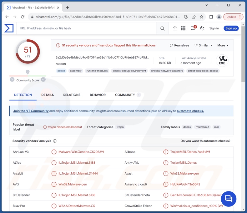 Detecciones del malware Agent Racoon en VirusTotal