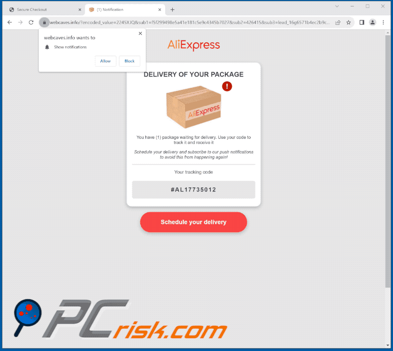 Sitios de phishing promovidos por el correo electrónico fraudulento AliExpress Package (GIF)