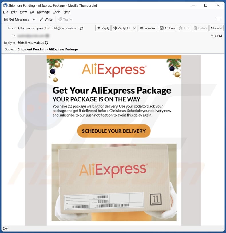 Campaña de spam por correo electrónico de AliExpress Package