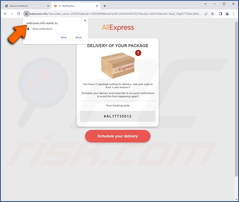 El correo electrónico fraudulento de AliExpress Package promociona el sitio web de phishing 1