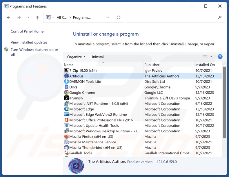 Desinstalación de Artificius browser a través del Panel de Control