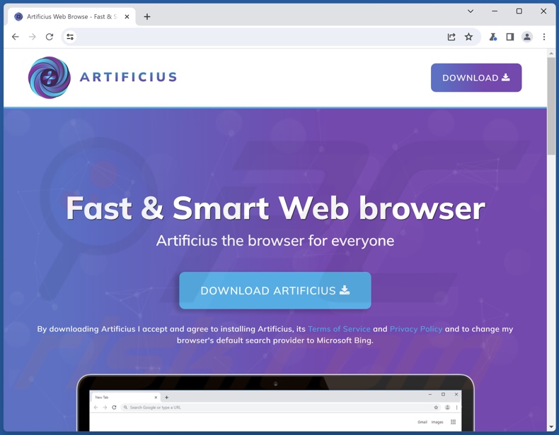 Página web de promoción de Artificius browser