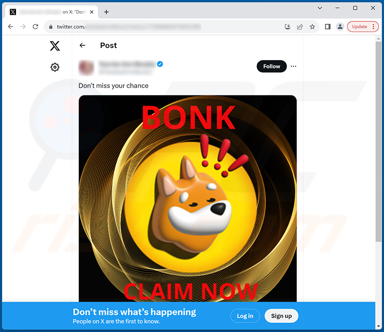 Mensaje engañoso en Twitter (X) promocionando la estafa Bonk Coin Airdrop Giveaway