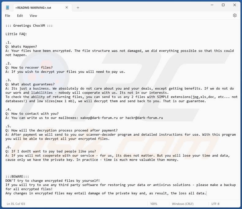 Archivo de texto del ransomware ChocVM (+README-WARNING+.txt)