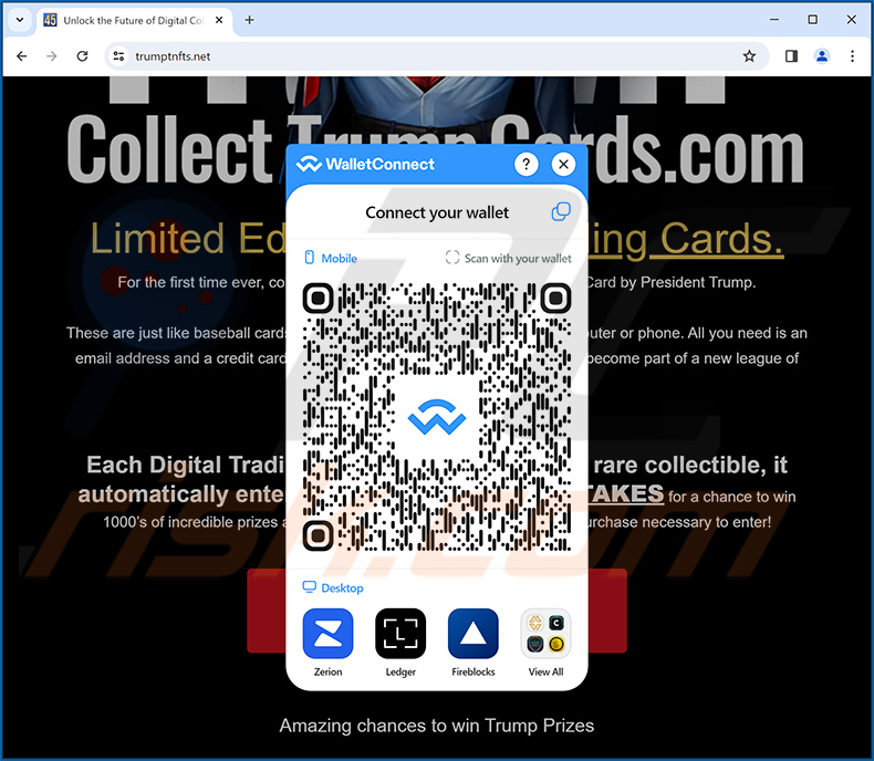 Collect Trump Cards Scam pidiendo a los usuarios que conecten sus criptocarteras