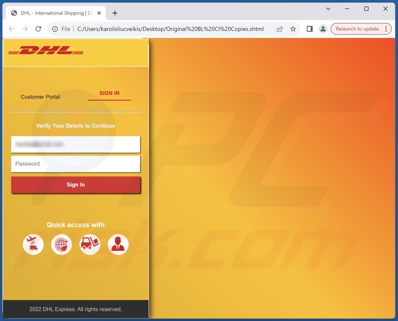 Correo electrónico fraudulento de DHL Express - Incomplete Delivery Address archivo de phishing promovido (Original BL CI Copies.shtml)