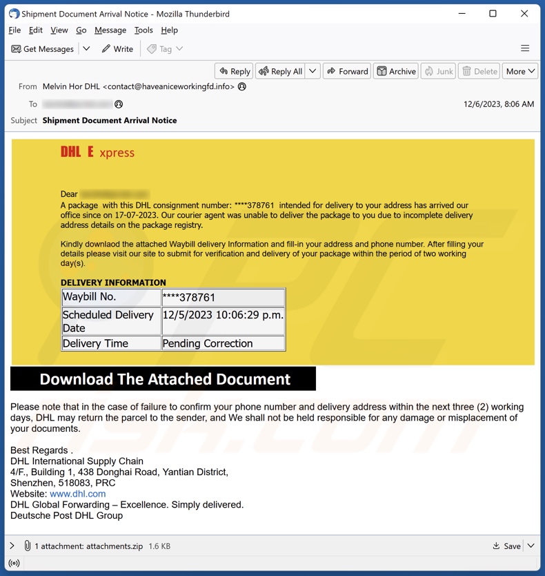 Campaña de spam por correo electrónico de DHL Express - Incomplete Delivery Address