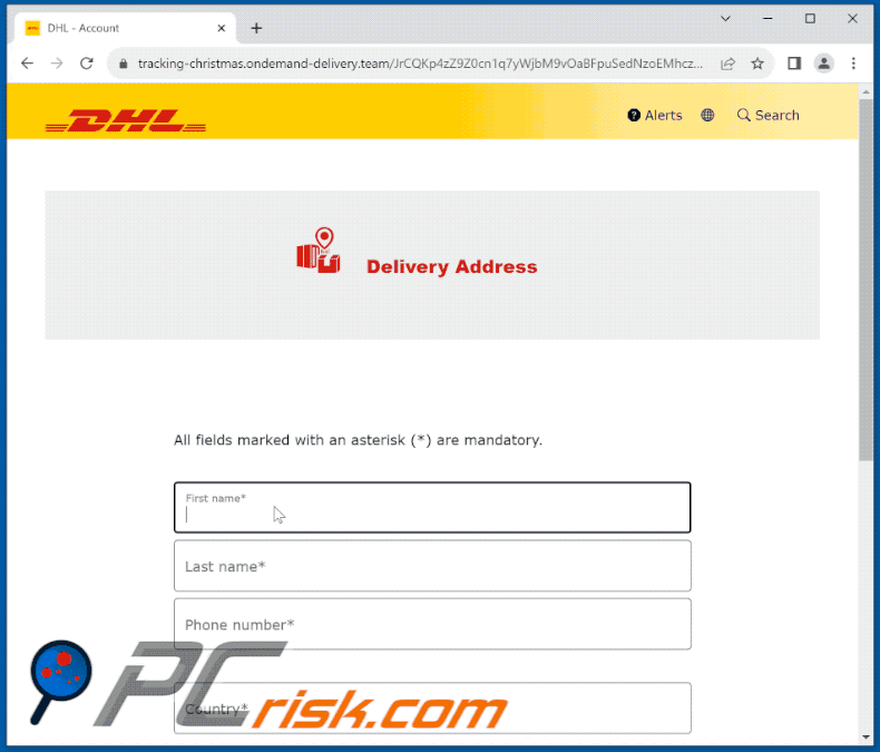 Sitio de phishing promocionado a través de la estafa por correo electrónico DHL Unpaid Duty (GIF)
