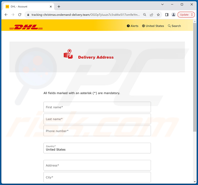 Sitio de phishing promocionado a través de la estafa por correo electrónico DHL Unpaid Duty (página 1)