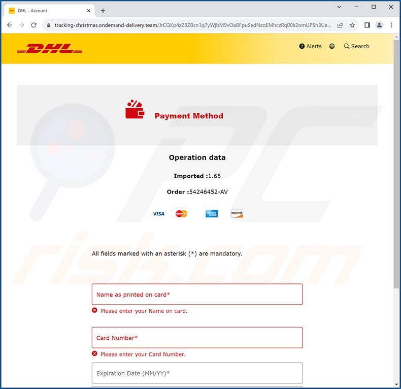 Sitio de phishing promocionado a través de la estafa por correo electrónico DHL Unpaid Duty (página 2)