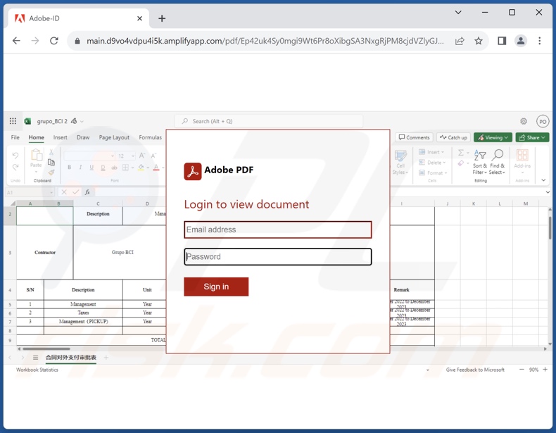 Sitio de phishing promocionado por el archivo adjunto del correo electrónico spam de Final Price (Document023.html)