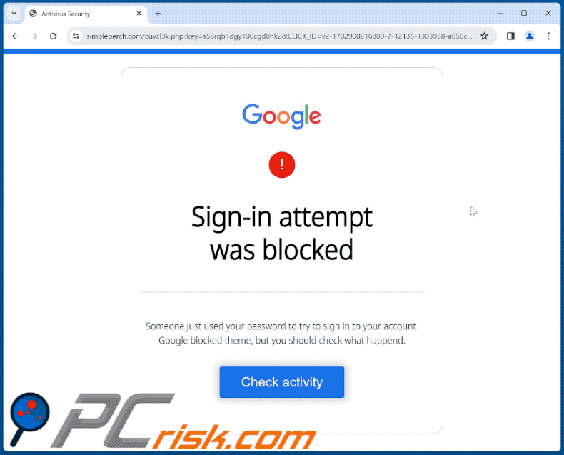 Aspecto de la estafa Google - Sign-in Attempt Was Blocked