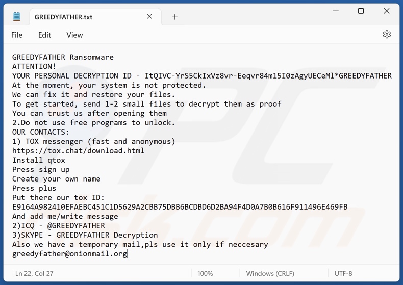 Nota de rescate del ransomware GREEDYFATHER (GREEDYFATHER.txt)