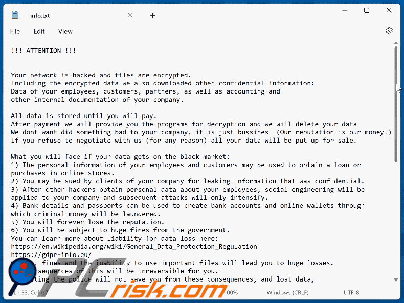 Aspecto de la nota de rescate del ransomware HuiVJope (info.txt)