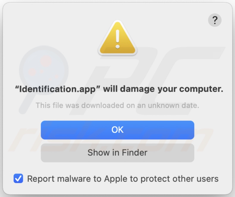 Ventana emergente que aparece cuando se detecta el adware Identification.app en el sistema