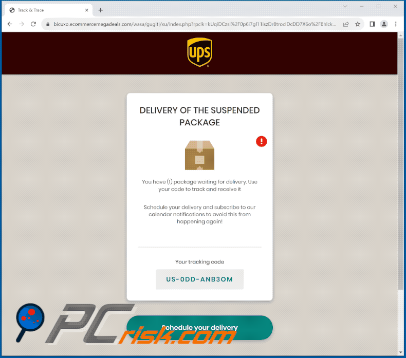 Aspecto de la página falsa de la estafa por correo electrónico IPS Pending Package Delivery