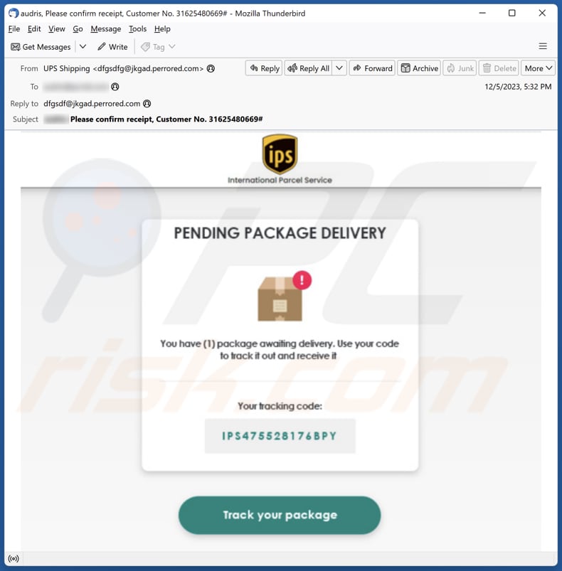 Correo electrónico de phishing de IPS Pending Package Delivery