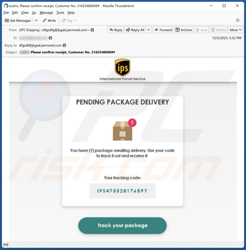 Correo electrónico de phishing de IPS Pending Package Delivery