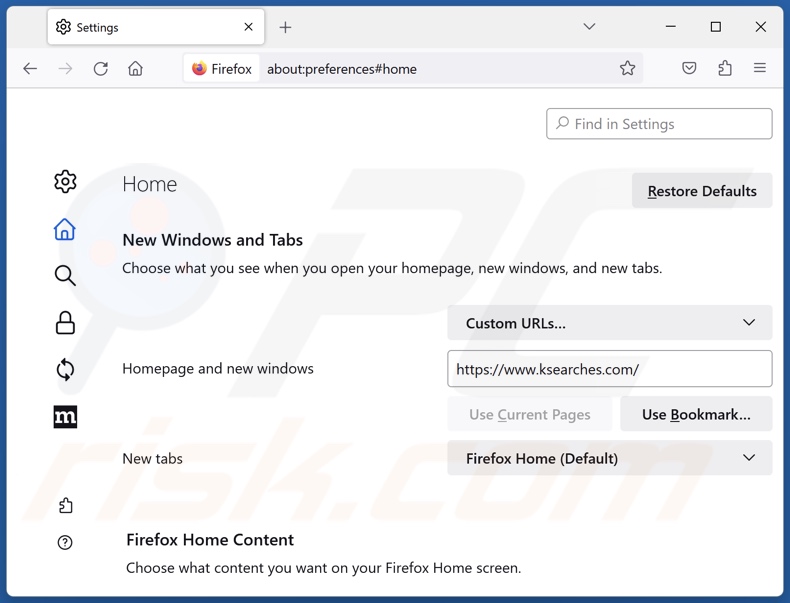 Eliminar ksearches.com de la página de inicio de Mozilla Firefox