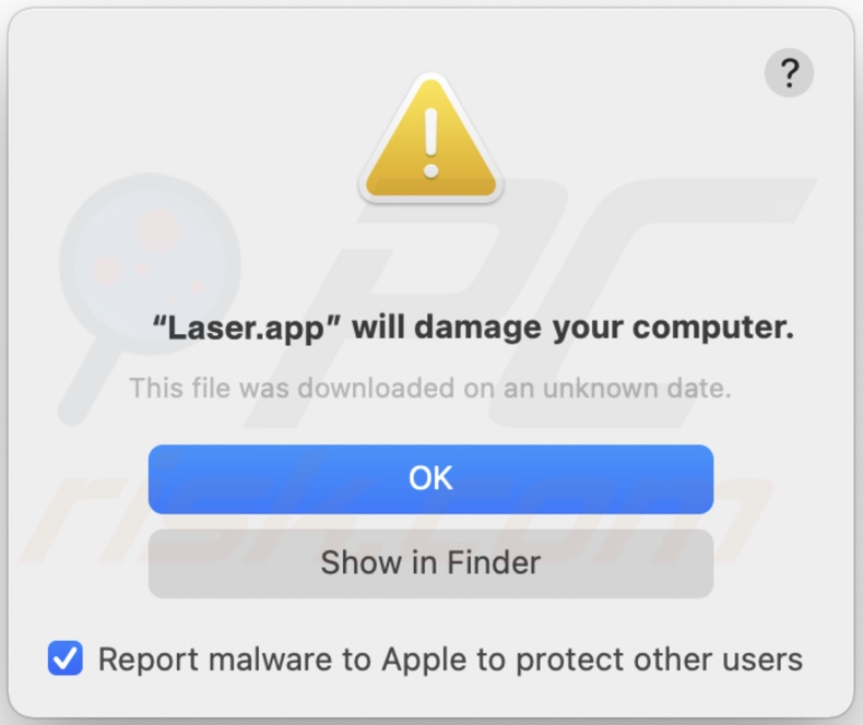 Ventana emergente que aparece cuando se detecta el adware Laser.app en el sistema