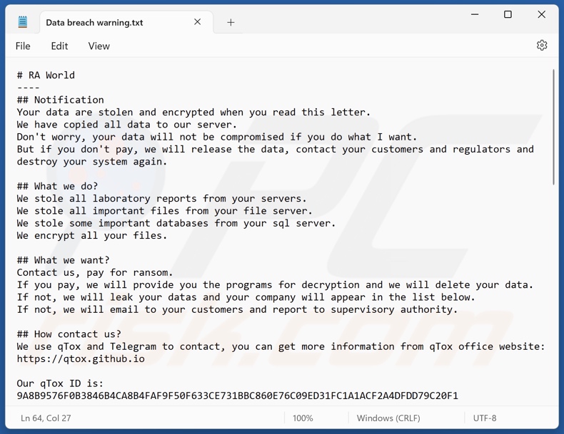 Nota de rescate del ransomware RA World (Data breach warning.txt)