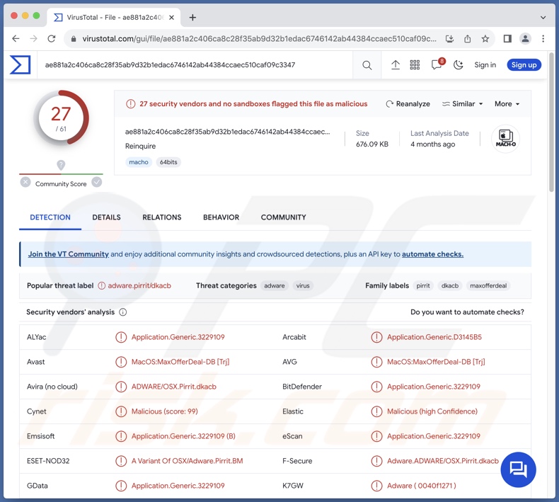 Detecciones del adware Reinquire en VirusTotal