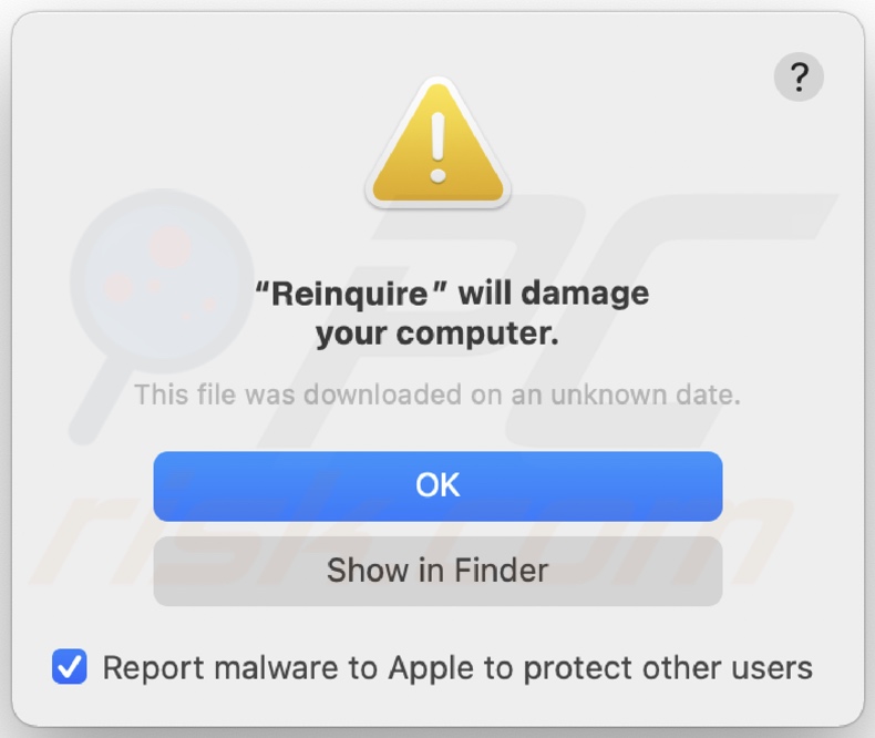 Ventana emergente que aparece cuando se detecta el adware Reinquire en el sistema