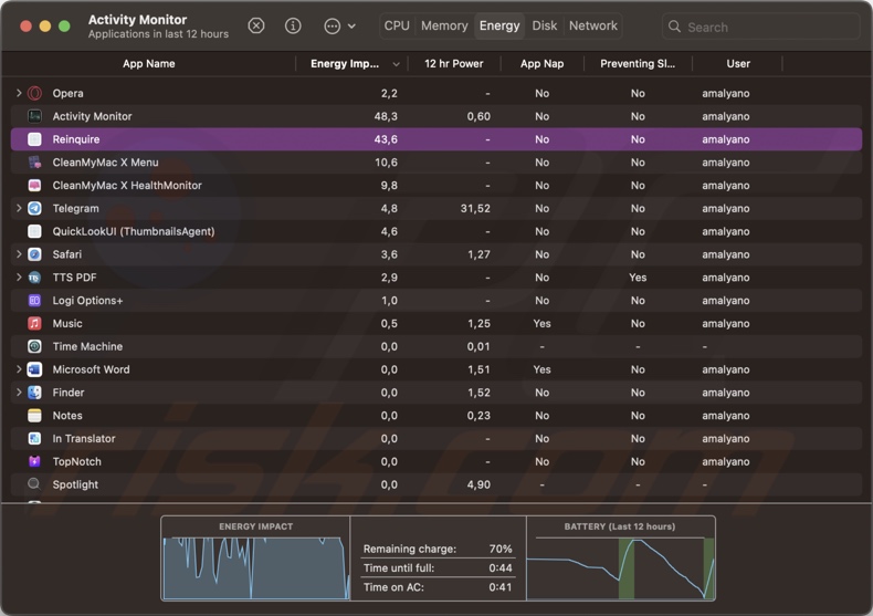 Reinquire adware process on Monitor de Actividad (Reinquire - nombre del proceso)