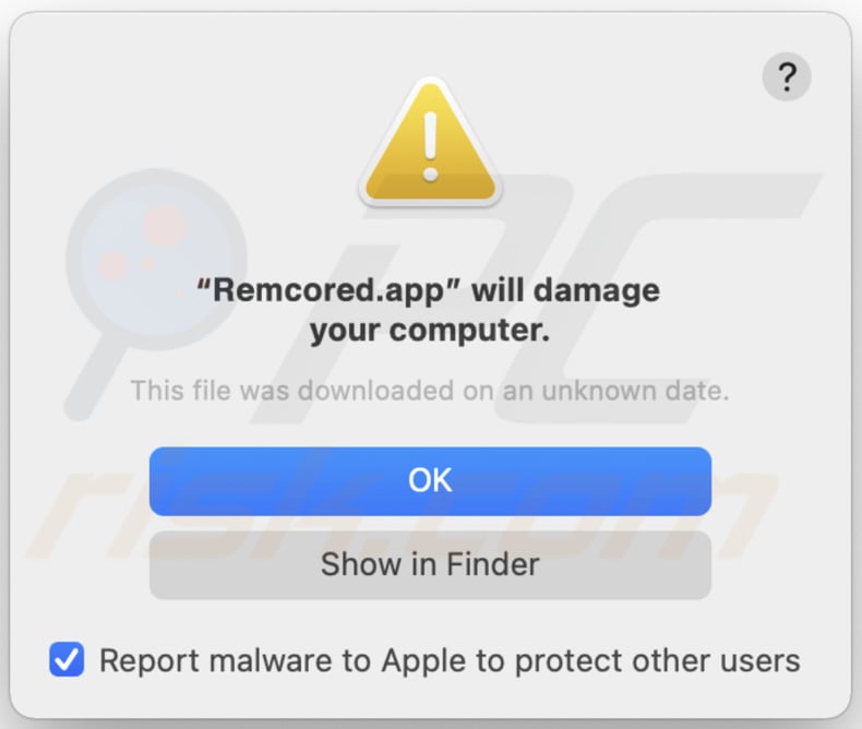 Advertencia de adware Remcored.app