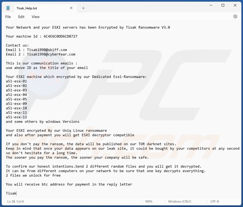 Archivo de texto del ransomware Tisak (Tisak_Help.txt)