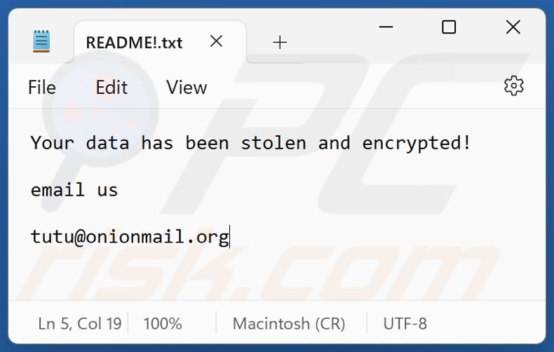 Archivo de texto del ransomware Tutu (README!.txt)