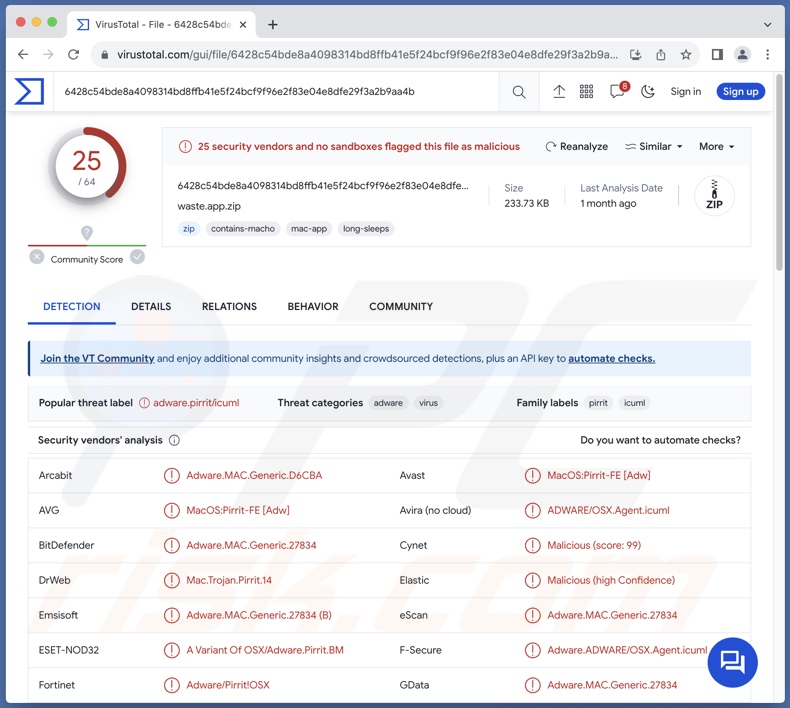 Waste.app adware detectado en VirusTotal