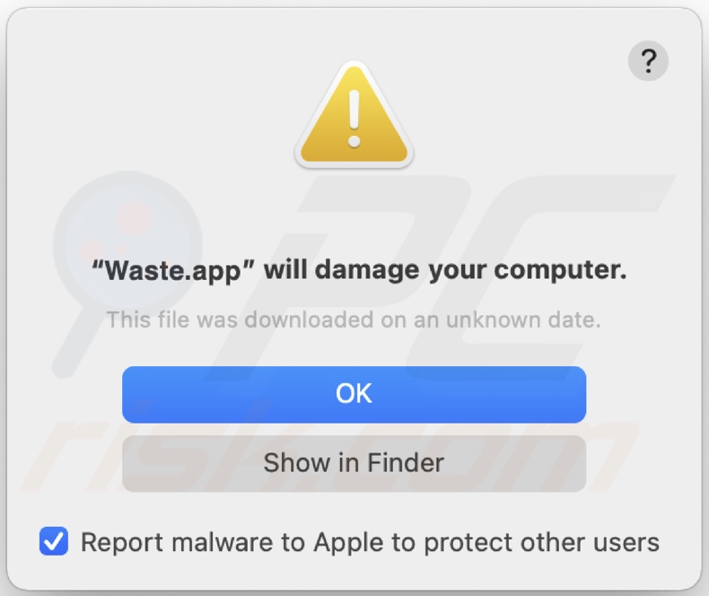 Ventana emergente que aparece cuando se detecta el adware Waste.app en el sistema