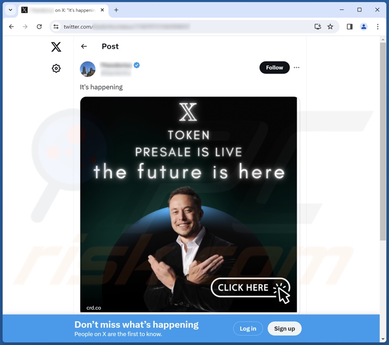 Estafa X Token Presale promovida en un post de X (Twitter)