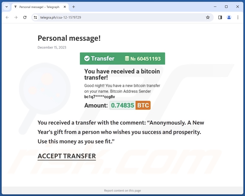 Estafa You Have Received A Bitcoin Transfer (Ha recibido una transferencia de Bitcoin)