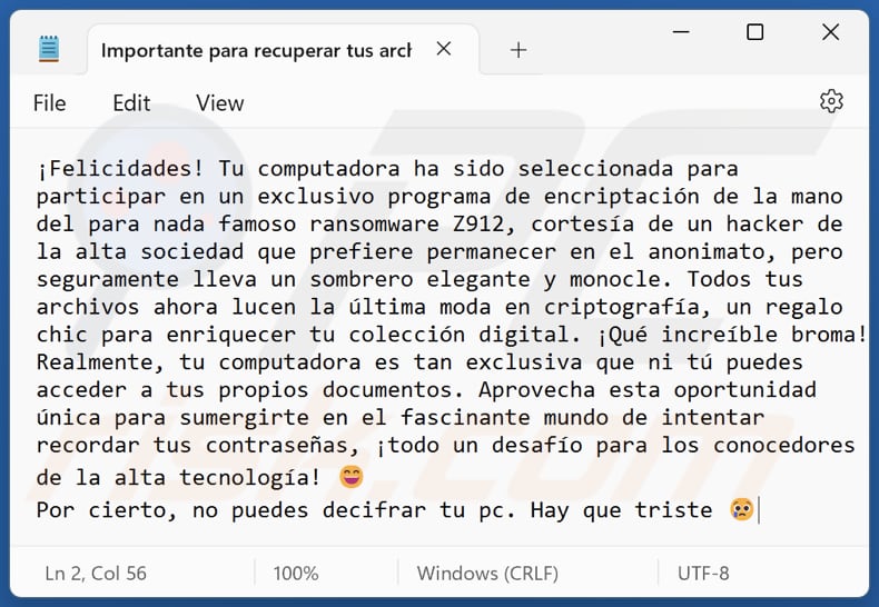 Archivo de texto del ransomware Z912 (Importante para recuperar tus archivos.txt)