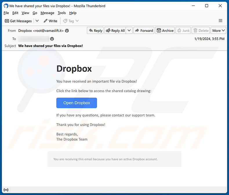 A File Was Shared With You Via Dropbox estafa por correo electrónico (2024-01-22)