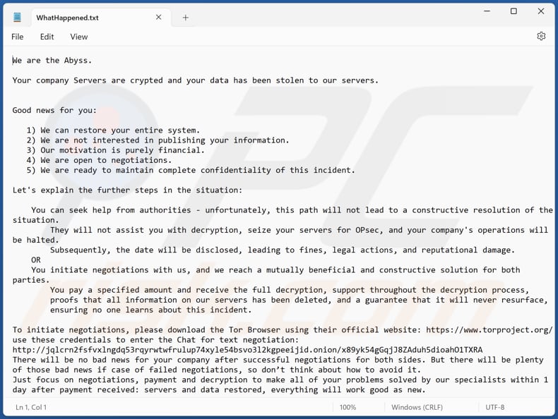  Archivo de texto del ransomware Abyss (WhatHappened.txt)