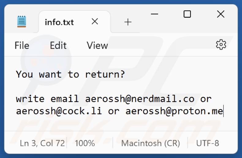 Archivo de texto del ransomware AeR (info.txt)