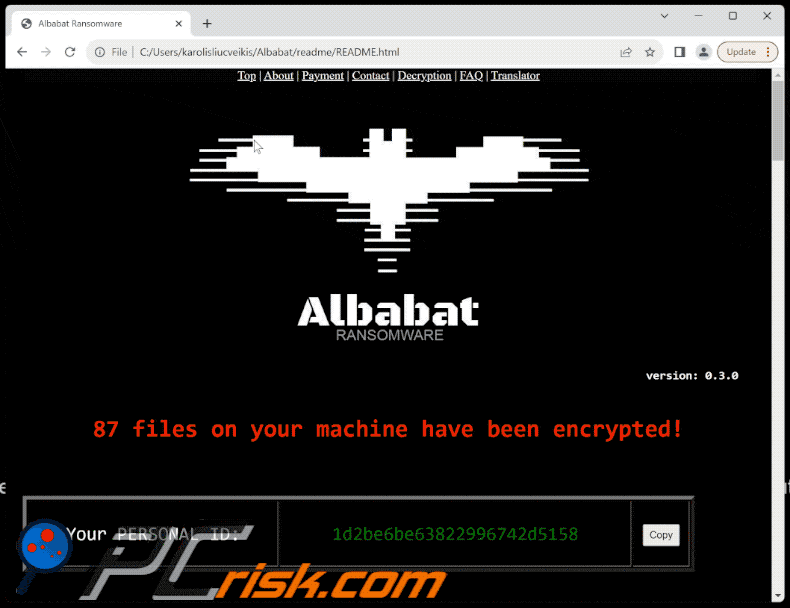 Nota de rescate html del ransomware Albabat (README.html)