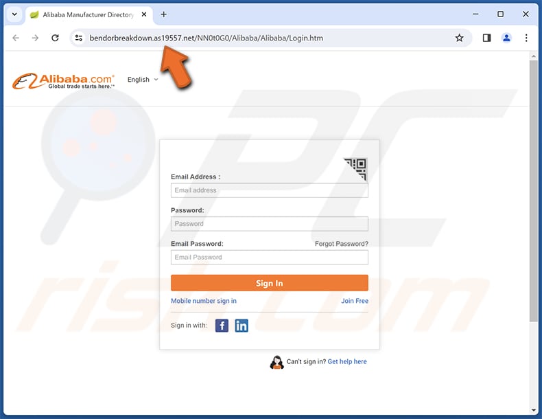 Página de phishing de estafa por correo electrónico de Alibaba