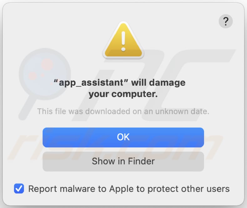 aviso de adware app_assistant antes de la instalación