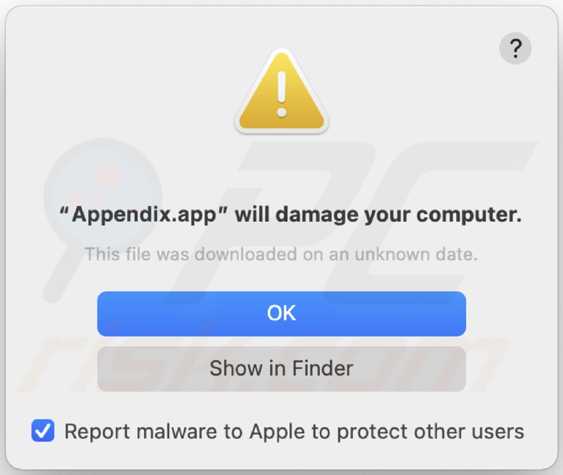 Ventana emergente que aparece cuando se detecta el adware Appendix.app en el sistema