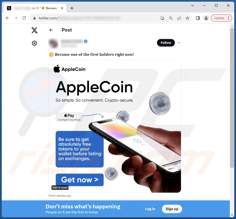 Publicación en X (Twitter) promocionando la estafa AppleCoin