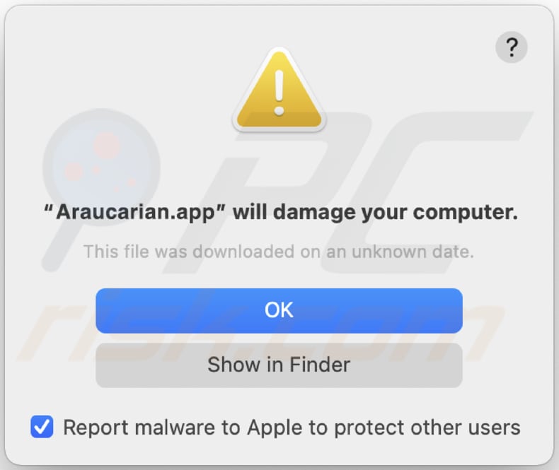 Advertencia de adware Araucarian.app