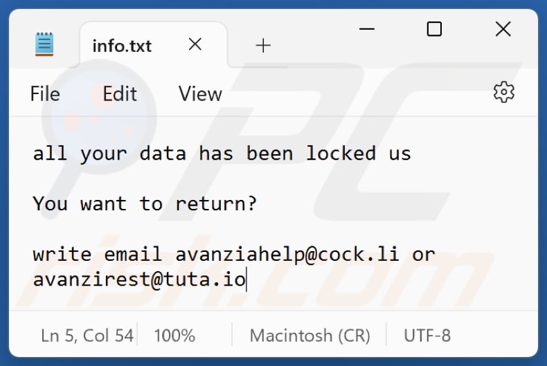 Archivo de texto del ransomware Avanzi (info.txt)